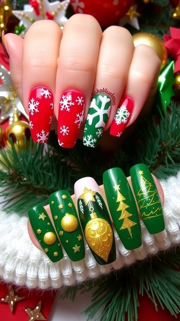 Two Christmas nail designs: red with snowflakes and green with gold ornaments.